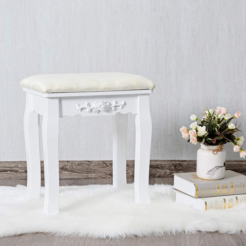 Houten kruk voor make-up, kaptafel stoel, make-up kruk met zacht gevoerde zitting, mooie patronen en delicaat houtsnijwerk, massief houten poten, 100 kg gewichtscapaciteit (Wit)