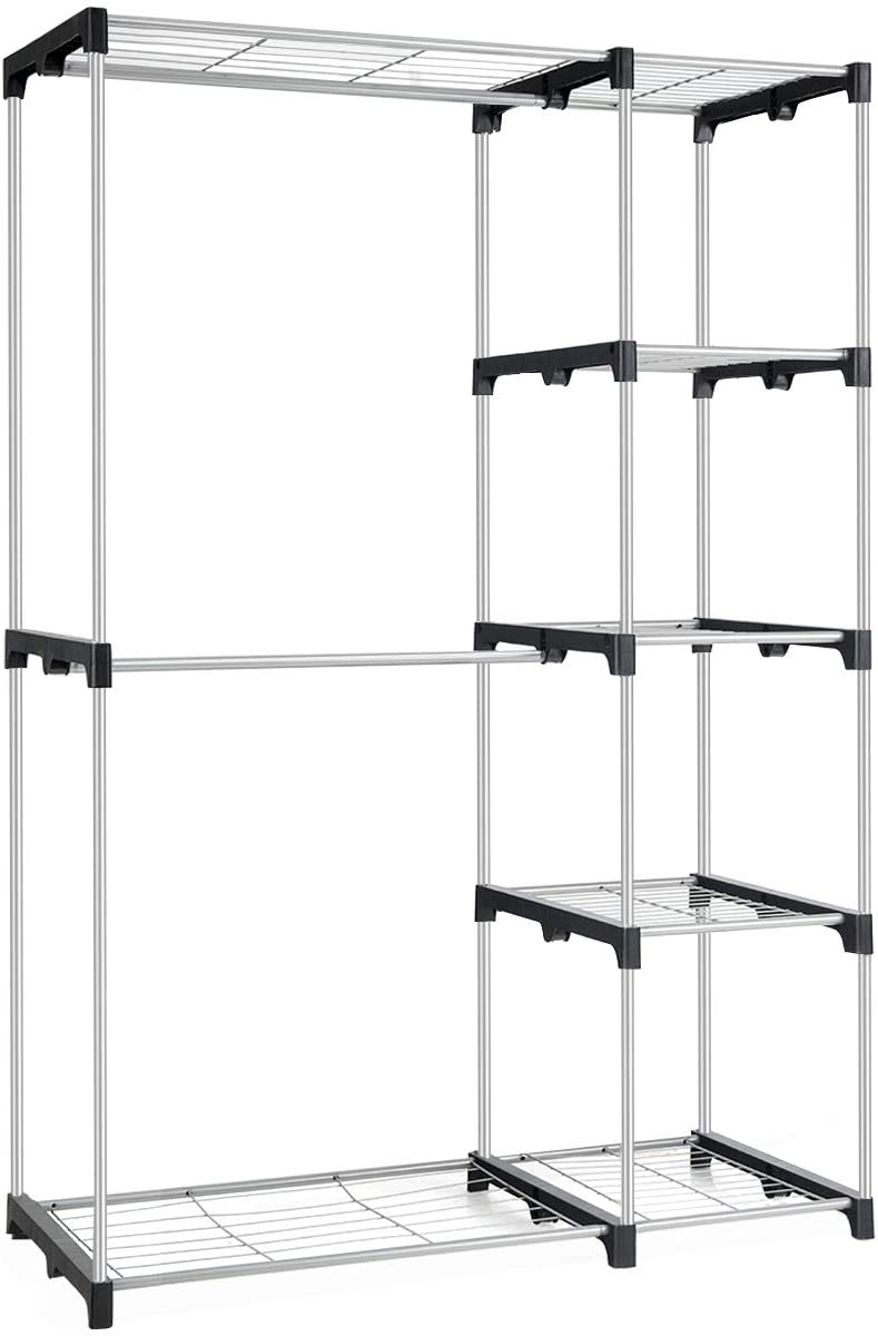 Vrijstaande kledingrek met 5 planken & 2 hangende stangen, zwaar werkend metalen kledingrek voor slaapkamer, garderobe, wasserette, 117 x 50 x 172 cm