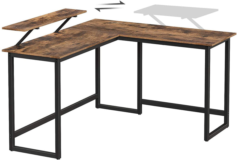 Bureau, L-vormig computerbureau met beweegbare monitorbevestiging, hoekbureau,  bruin-zwart LWD56X