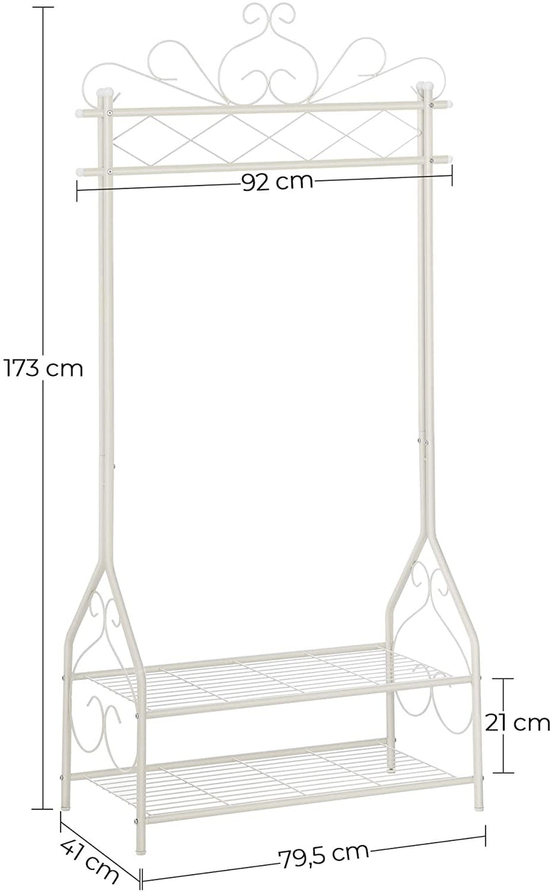 kledingrek in vintage-stijl, staande kapstok met kledingstang en 2 legplanken, metaal, 92 x 173 x 41 cm (B x H x D), gebroken wit