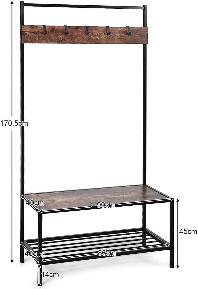 3 in 1 industriële kapstok, zaalboom toegang opslag organisator met 2-laags opslagbank en 5 haken,  (Bruin)