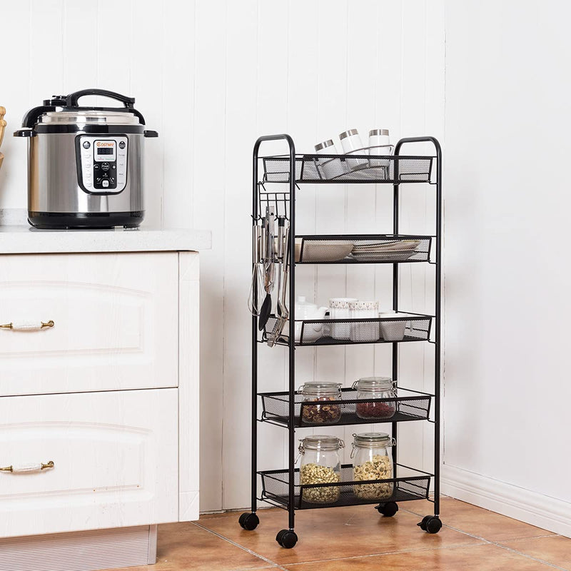 Oprolbare 5 laags keukentrolley met 5 haken, keukentrolley, multifunctionele gebruik kar keuken opbergkar op wielen, 43,5 x 26 x 104cm (Zwart)