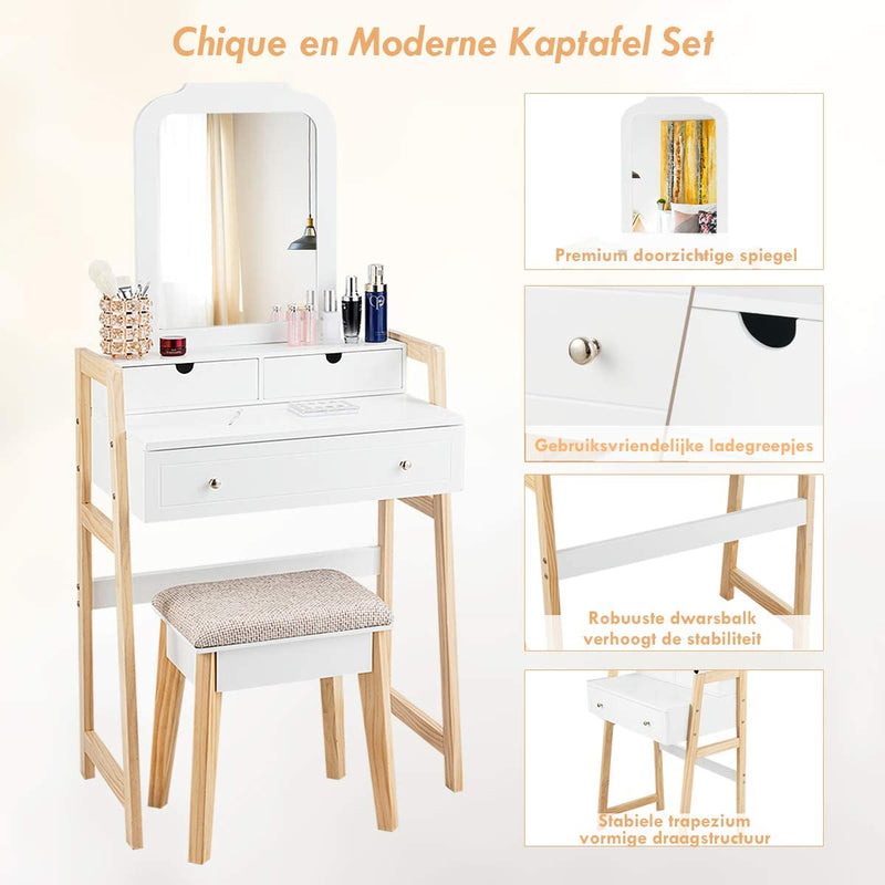 kaptafel set, make-up Ijdelheidstafel met 3 lades en 2-laags tafelblad, Cosmetische organisator met grote spiegel en gedempte kruk, slaapkamer- en studeerkamer meubilair voor vrouwen en meisjes