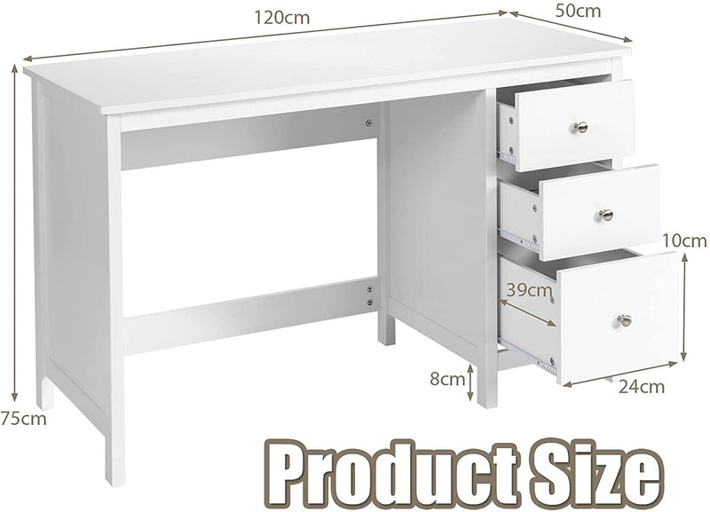 Computerbureau 120 cm met 3 laden, thuiskantoor studie bureau met ruime bureaublad, computertafel pc-tafel, moderne laptop bureau, multifunctioneel computer bureau (Wit)