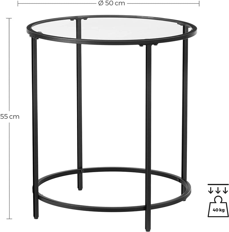 Bijzettafel rond, kleine salontafel, glazen tafel met metalen frame, nachtkastje, sofatafel, balkon, gehard glas, zwart LGT020B01