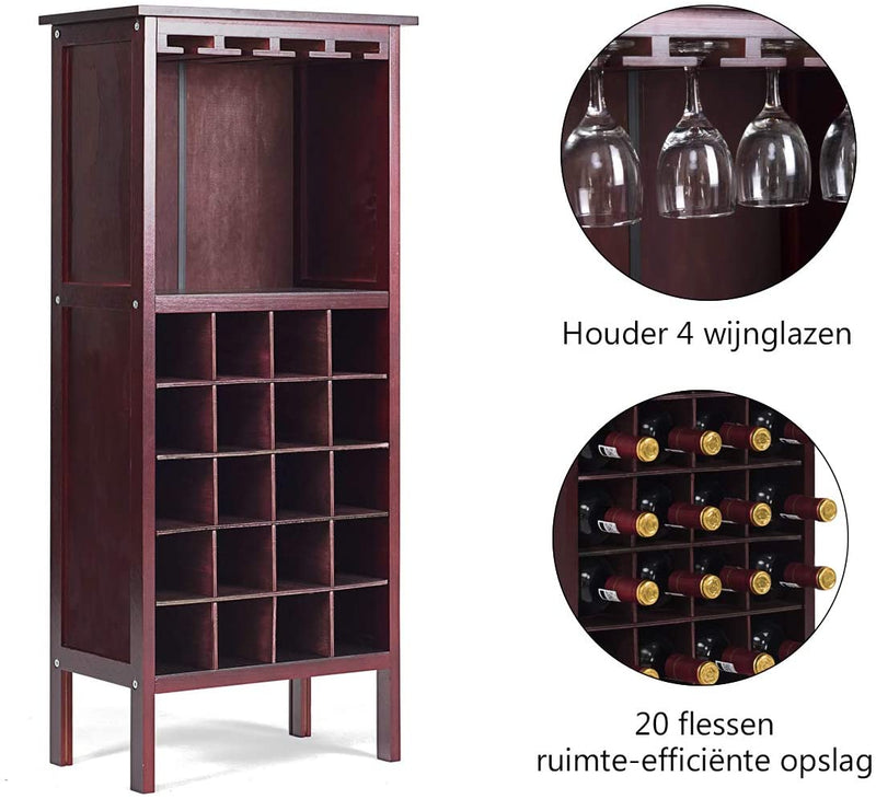Wijnkast voor 20 flessen, wijn fles organisator opslag plank weergeven houten wijnrek met glas hanger en fles houder (Wijnrood)