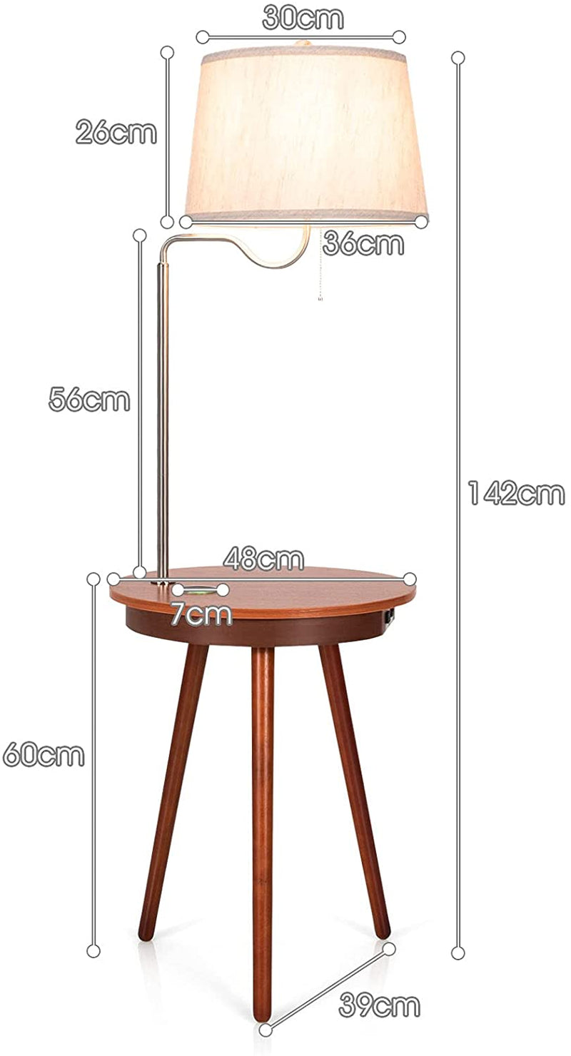 Staande lamp bijzettafel, 3-in-1 staande lampen, stoffen lampekap & houten bijzettafel, inclusief USB oplaadpoort, 220V stopcontact & draadloze oplader,