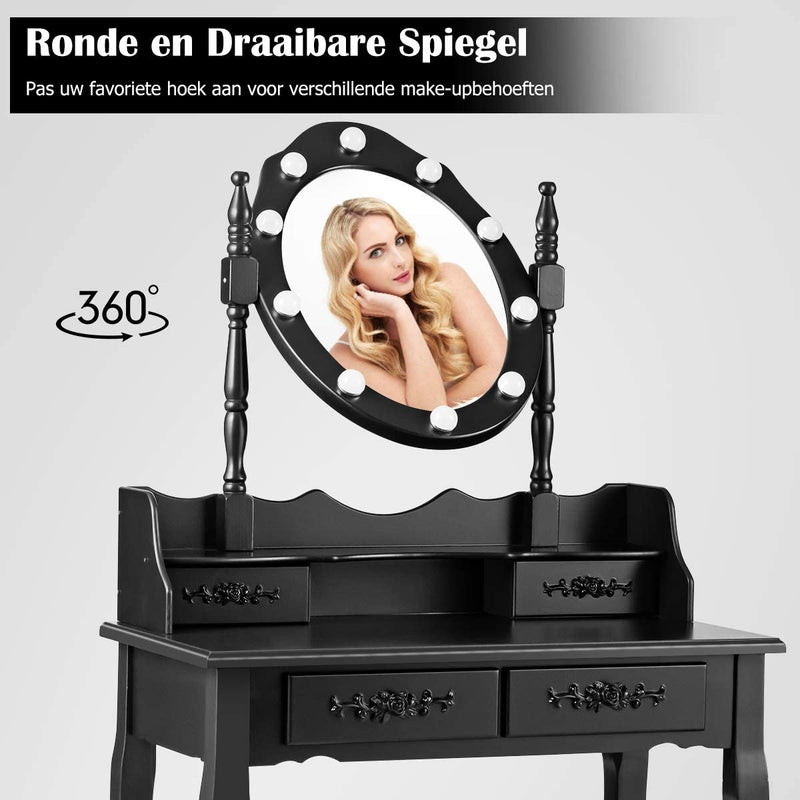 Kaptafel met ovale spiegel en 10 dimbare LED-lampen, klassieke make up tafel met 4 opberg lades in verschillende maten, stabiel schoonheidsstation in grenen houten poot en antislip pootdop (Zwart)