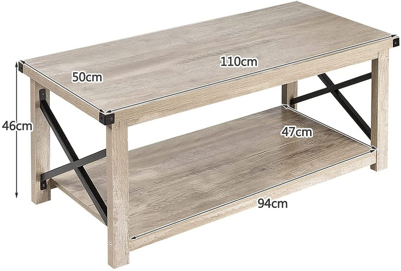 Rustieke salontafel, koffietafel cocktailtafel met opbergrek,  (Grijs)
