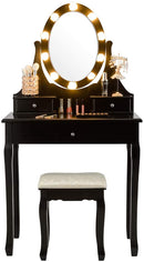 Kaptafel met 10 plastic roze-vormige LED-lampjes, 360° roterende ovale make-up spiegel, 3 lades kaptafel met gedempte kruk, make-uptafel voor slaapkamer (Zwart)