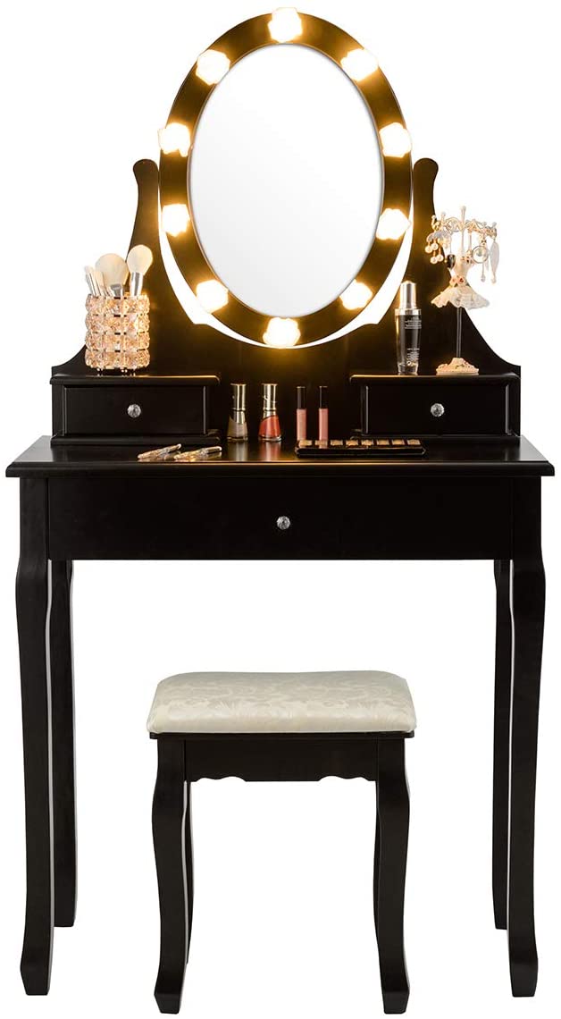 Kaptafel met 10 plastic roze-vormige LED-lampjes, 360° roterende ovale make-up spiegel, 3 lades kaptafel met gedempte kruk, make-uptafel voor slaapkamer (Zwart)