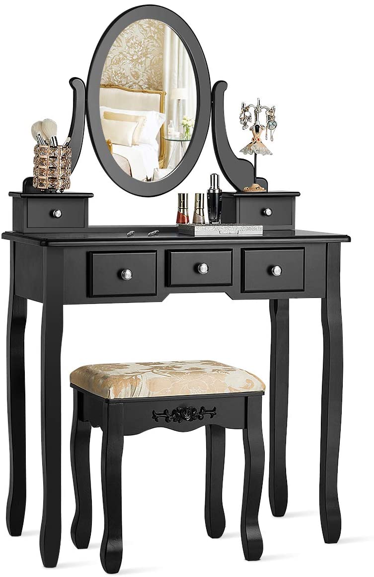 Kaptafel set met 360 ° draaibare ovale spiegel, make-uptafel kaptafel voor vrouwen meisjes, multifunctionele make-up tafel met 5 laden (Zwart)