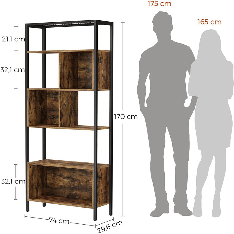 Boekenplank, staande plank, opslagplank met 5 niveaus, stalen frame, industrieel ontwerp, vintage bruin-zwart