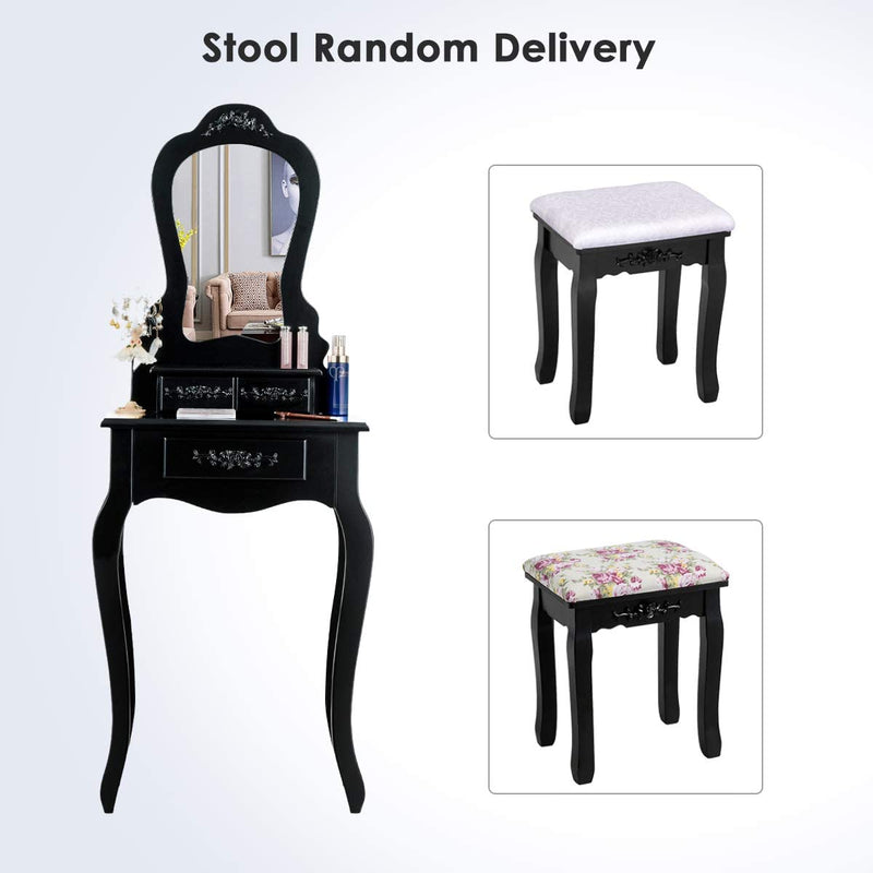 Kaptafel set met waaiervormige spiegel, make-up tafel met kussentje en 3 lades, kaptafel voor cosmetica opslag, 2 in 1 klassiek kaptafel set met afneembare bovendeel, cadeau voor meisjes (Zwart)