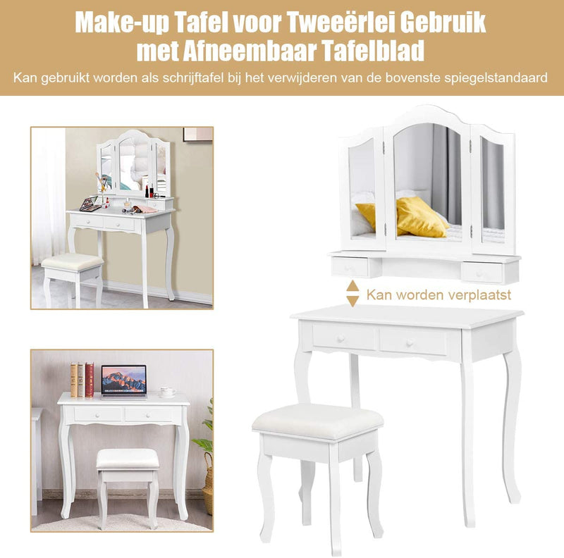 make-up tafel set met drie vouwen spiegel & gedempte kruk, kaptafel met vier lades,  (Wit)