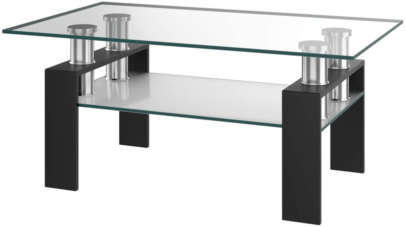 Rechthoekige glazen salontafel, moderne koffietafel met lage plank  (Zwart)