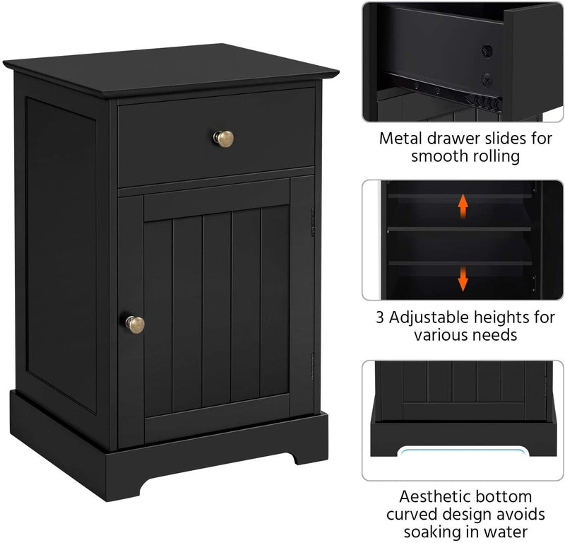 Set van 2 nachtkastjes met lade en kast, verstelbare legplank, zwart
