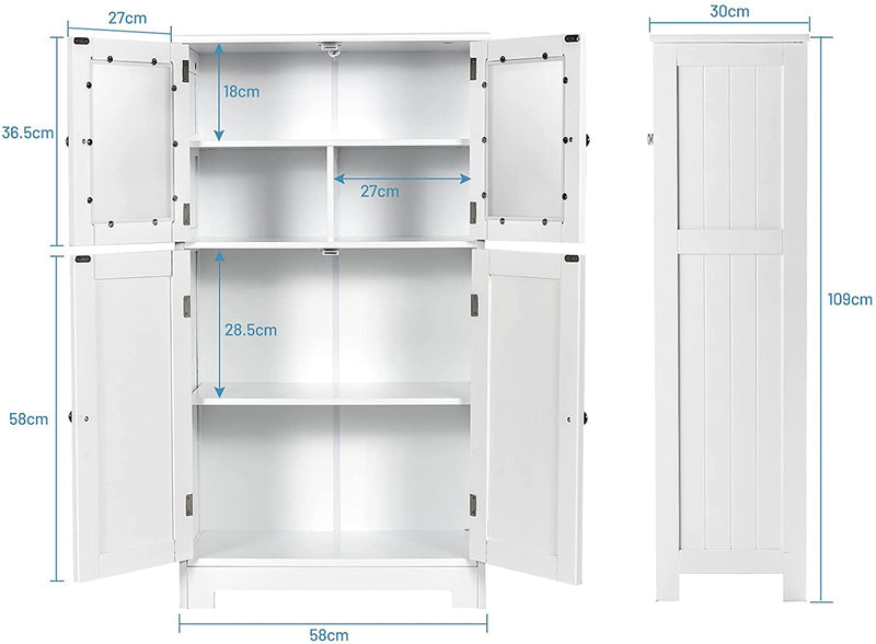 4-Deur badkamerkast Boekenkast vrijstaande opbergkast met glazen deuren,  58 x 30 x 109 cm (Wit)