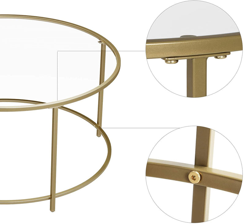 Bijzettafel rond, salontafel, glazen tafel met metalen frame, gehard glas, nachtkastje, sofatafel, voor balkon, goud LGT21G