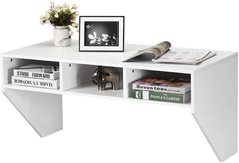 Muur gemonteerd  computerbureau, hout PC werken studietafel computertafel bureau met 3 opbergplanken voor slaapkamer, woonkamer, 108 x 53 x 52cm (Wit)