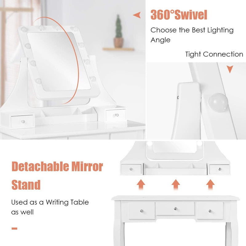 Kaptafel set met rechthoekige spiegel en gedempte kruk, make-up tafel met 10 LED-dimbare gloeilampen, (Wit)