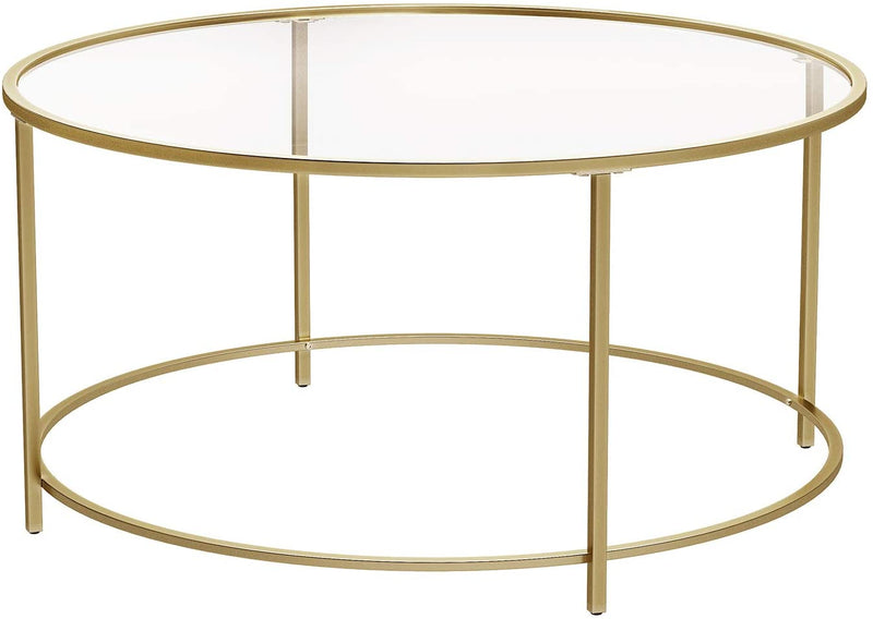 Bijzettafel rond, salontafel, glazen tafel met metalen frame, gehard glas, nachtkastje, sofatafel, voor balkon, goud LGT21G