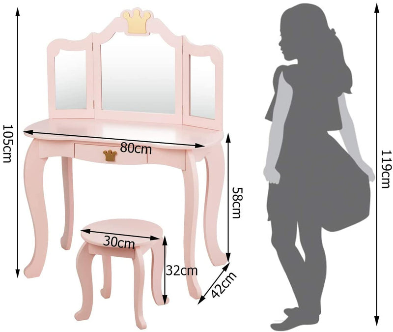 Kinderen kaptafel en stoel Set, make up kaptafel met lade & Drievoudige vouwbare spiegel, 2 in 1 ijdelheid set met afneembare top,  (Roze)