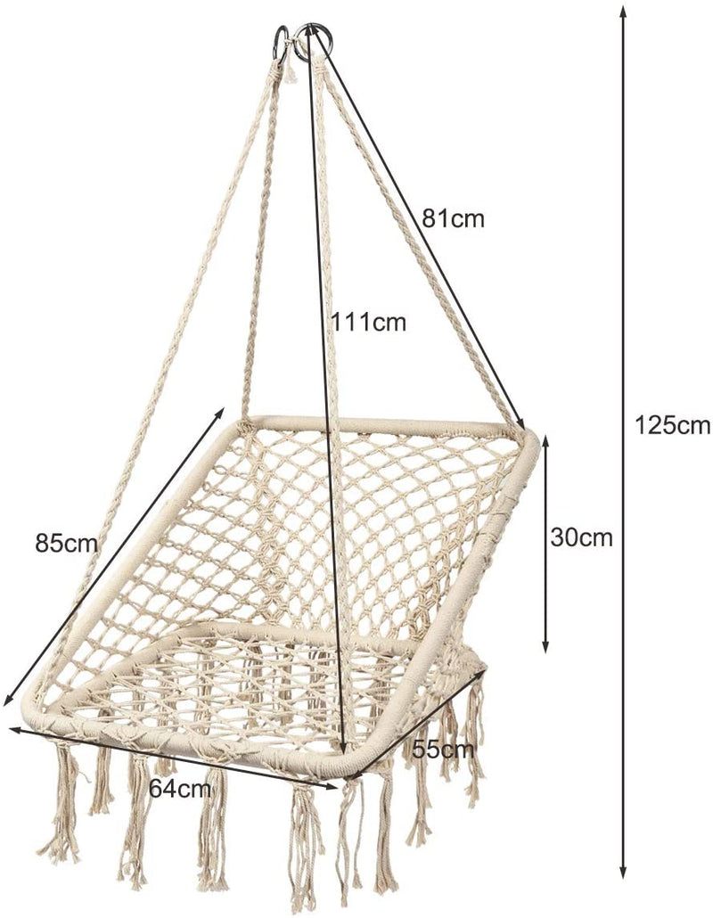 hangstoel, hangende katoenen touw schommelstoel met metalen hoepels, comfortabele vrije tijd geweven kwast hangstoel voor binnen, buiten, tuin, terras, slaapkamer, 120 kg capaciteit