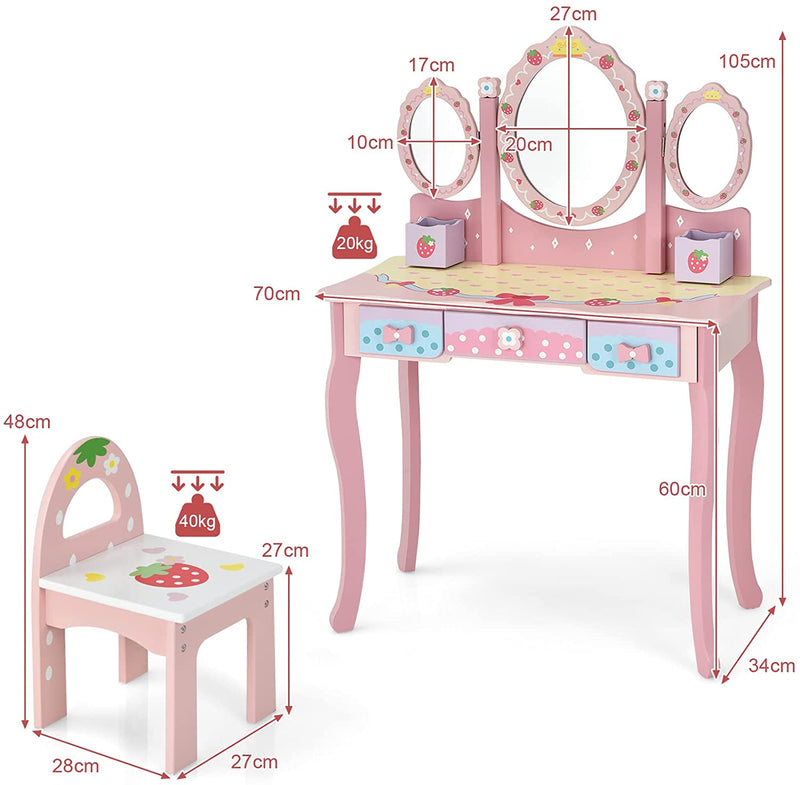 Kaptafel voor kinderen met drievoudige spiegel, kinder kaptafel en stoel met 3 lades, 2 opbergdozen, meisjes make-up tafel met krukje voor kinderen (Roze)