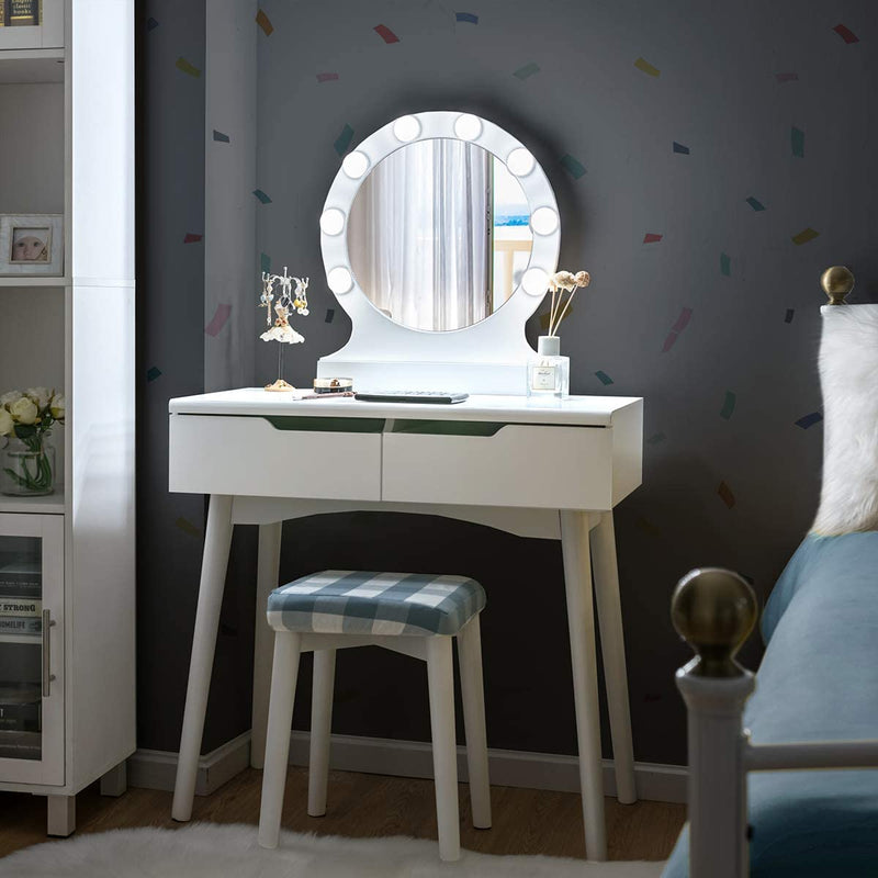 Kaptafel met 8 LED-lampen en aanraakschakelaar regelbare helderheid, kaptafel met spiegel, make-up tafel met 2 schuifladen, grote ronde spiegel, gedempte kruk, voor slaapkamer (Wit)