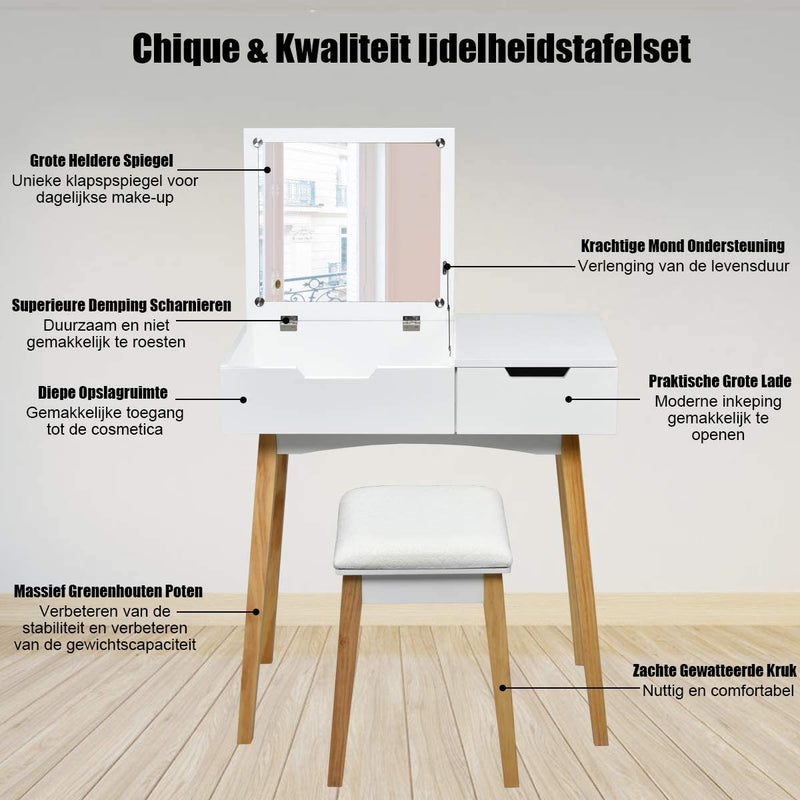 Kaptafel set met opklapbare spiegel,  kaptafel met gedempte kruk, opvouwbaar bureau met lade,  makeup kaptafel