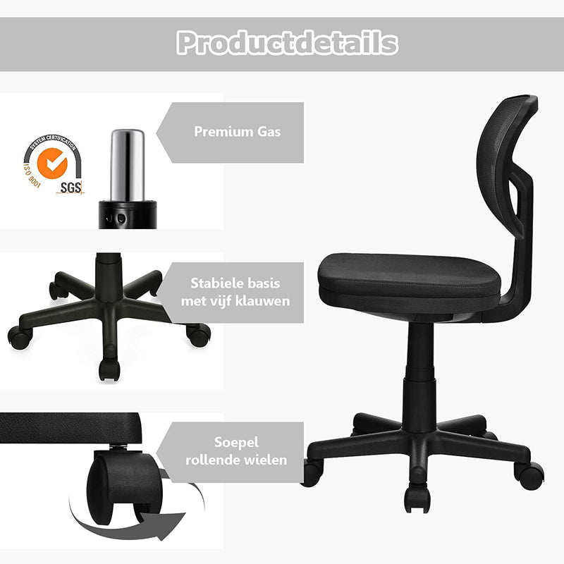 Bureaustoel, ergonomische lage rugleuning bureaustoel, zonder armleuning computerstoel, draaibare gaas uitvoerend stoel met verstelbare hoogte, gepolsterde zitting, draagvermogen tot 120kg