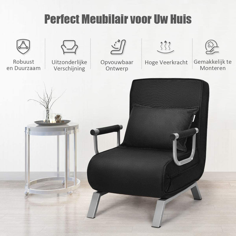 slaapbank, met 5 posities verstelbare rugleuning, opklapbare armleunstoel, gestoffeerde zitting, vrije tijd relaxfauteuil, met kussen, ideaal voor thuiskantoor (Zwart)