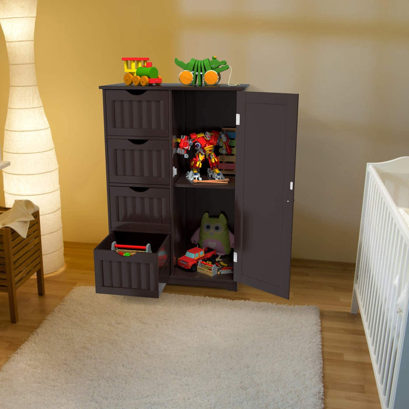 Badkamerkast vloerkast, vrijstaande badkamerkast, houten bijzetkast opbergkast met 4 laden en 1 verstelbare plank, multifunctionele, ruimtebesparende, voor ingang woonkamer slaapkamer keuken (Bruin)