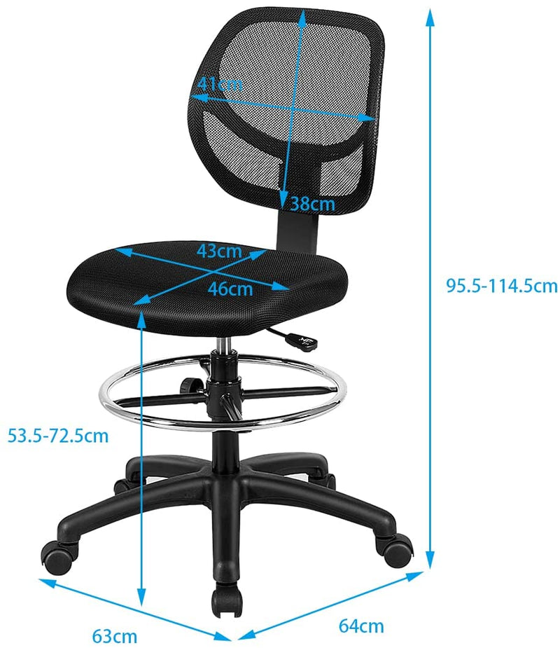 bureaustoel, hoge computerstoel met lendensteun, verstelbare voetsteun ring, ergonomische draaistoel zonder armleuning, staande bureaustoel voor thuis & kantoor