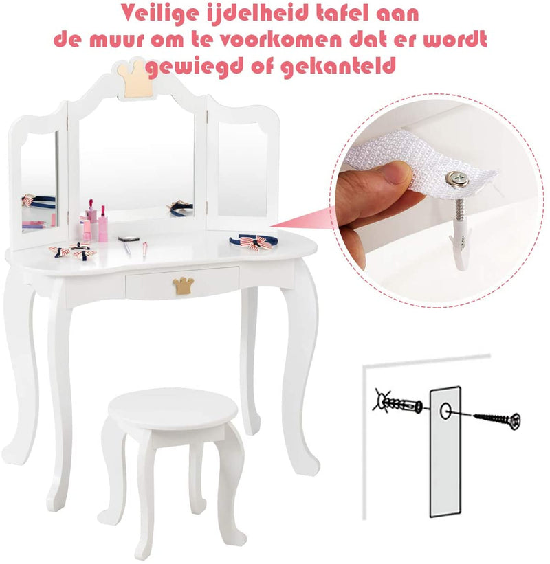Kinderen kaptafel en stoel Set, make-up kaptafel met lade & Drievoudige vouwbare spiegel, 2 in 1 ijdelheid set met afneembare top,  (Wit)