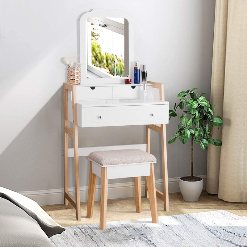 kaptafel set, make-up Ijdelheidstafel met 3 lades en 2-laags tafelblad, Cosmetische organisator met grote spiegel en gedempte kruk, slaapkamer- en studeerkamer meubilair voor vrouwen en meisjes