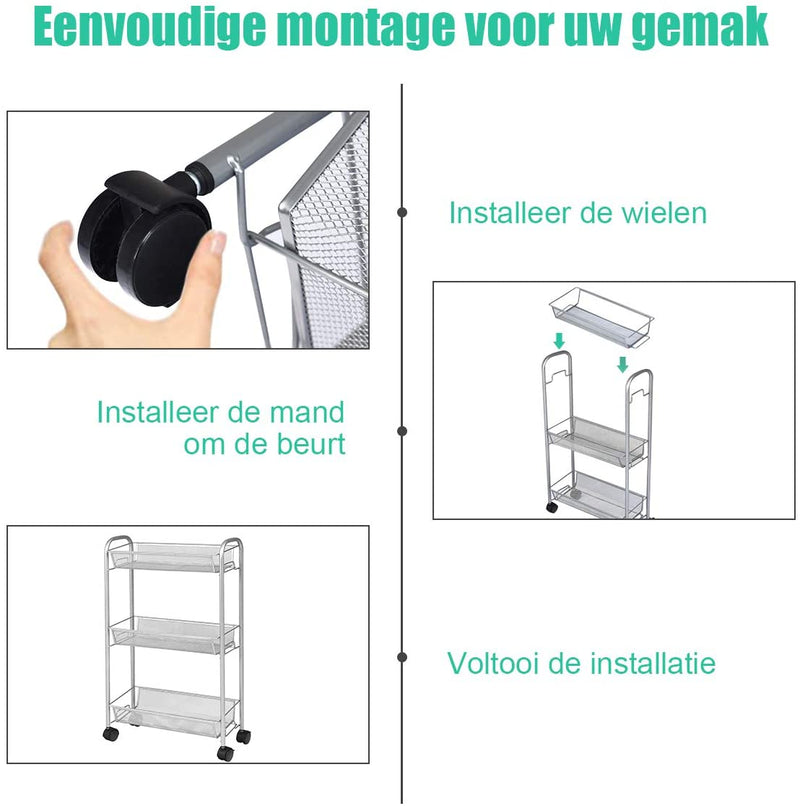 3-laags gaas rollend opslag karretje, metalen rollend karretje met afsluitbare wielen, (Grijs)