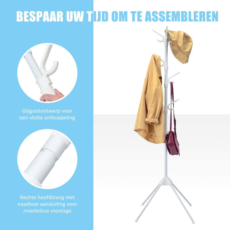 Kapstok, Staande Kleding hanger met afneembare haken en opvouwbare poten, gemakkelijk te monteren, duurzaam staal, wit