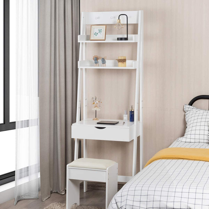 Kaptafel set met openen bovenkant spiegel, make-up tafel set met 3 haken & 2 opbergplank, 6 verwijderbare organizers, make-up tafel en kruk set met gedempte kruk, eenvoudige montage