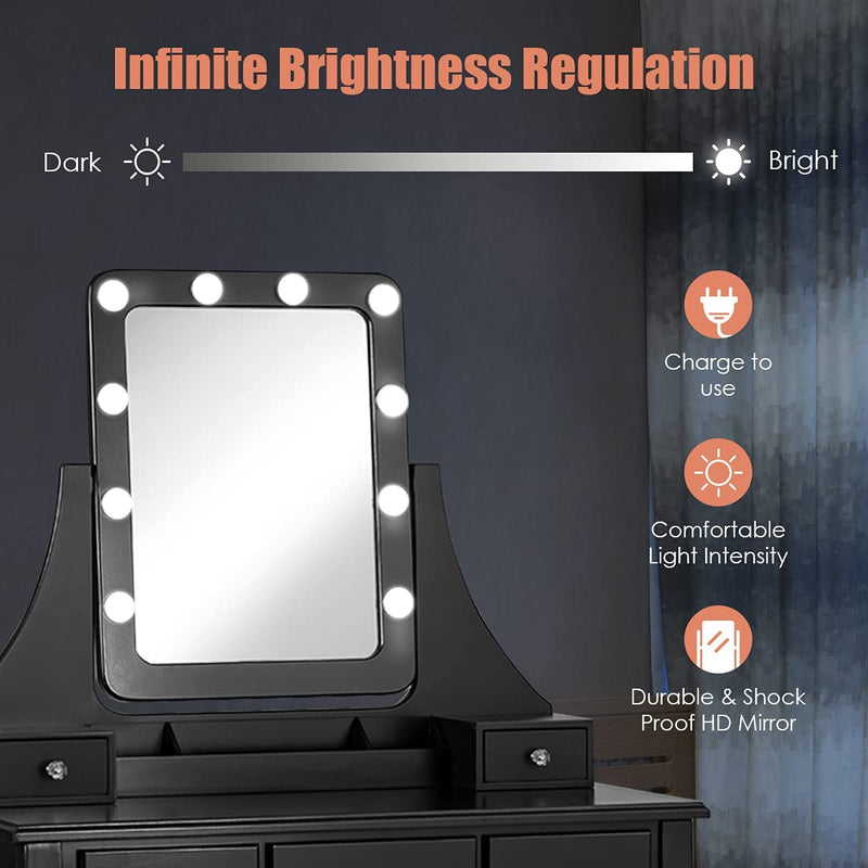 Kaptafel set met rechthoekige spiegel en gedempte kruk, make-up tafel met 10 LED-dimbare gloeilampen, met 5 laden(Zwart)