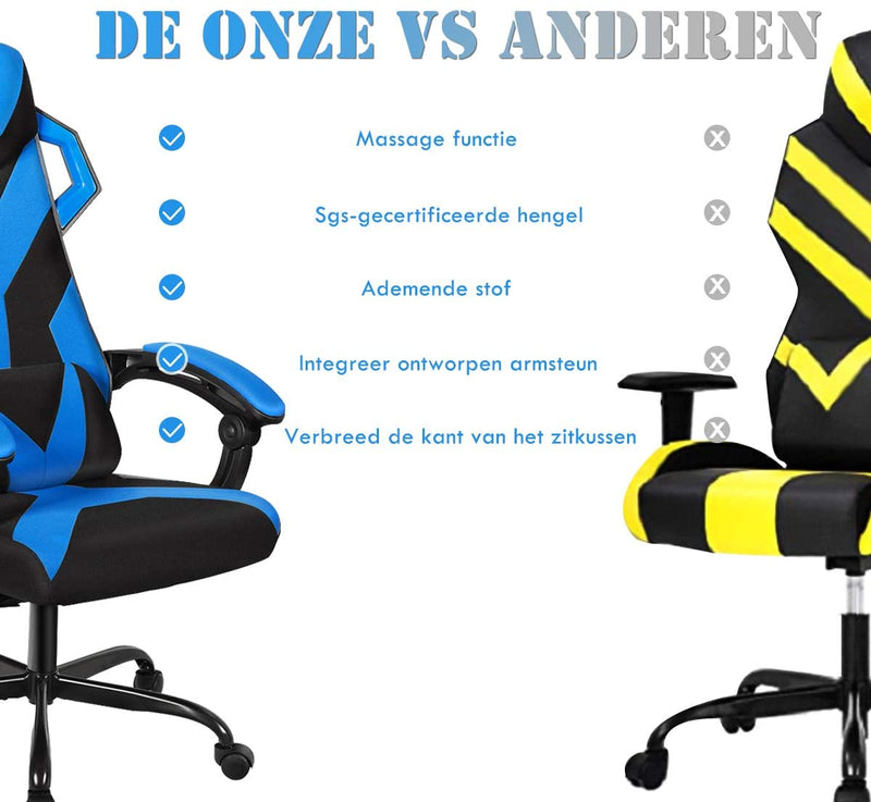 gamingstoel met wielen, racestoel met armleuning, verstelbare rugleuning, hoofdsteun en lendekussen, grote racestoelen met hoge rugleuning en verbrede verdikte zitting (Blauw)