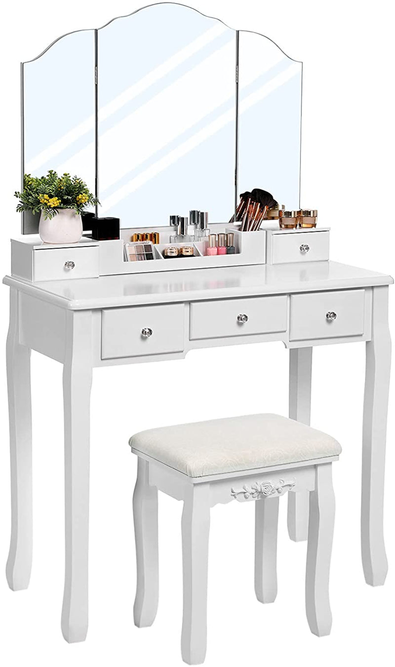 kaptafel met opklapbare spiegel en 5 laden, cosmetische tafel met uitneembare make-up organizer, met krukje, wit RDT28WT