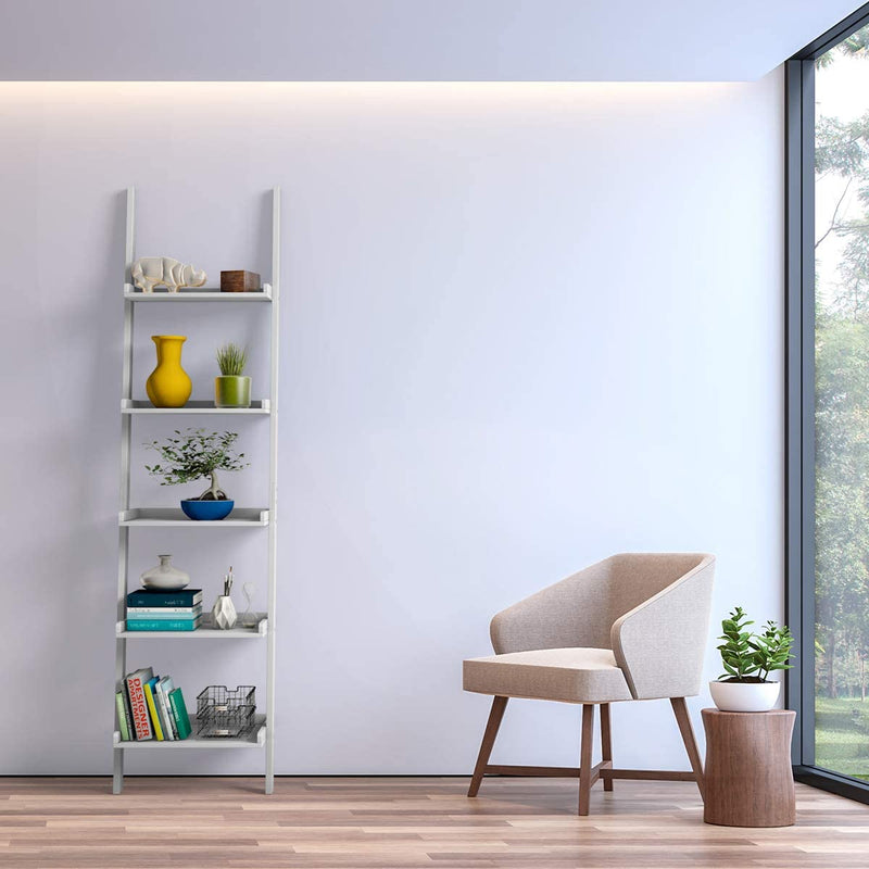 Ladder plank, 5 laags muur-Leunende boekenplank Ladder boekenkast, (Wit)