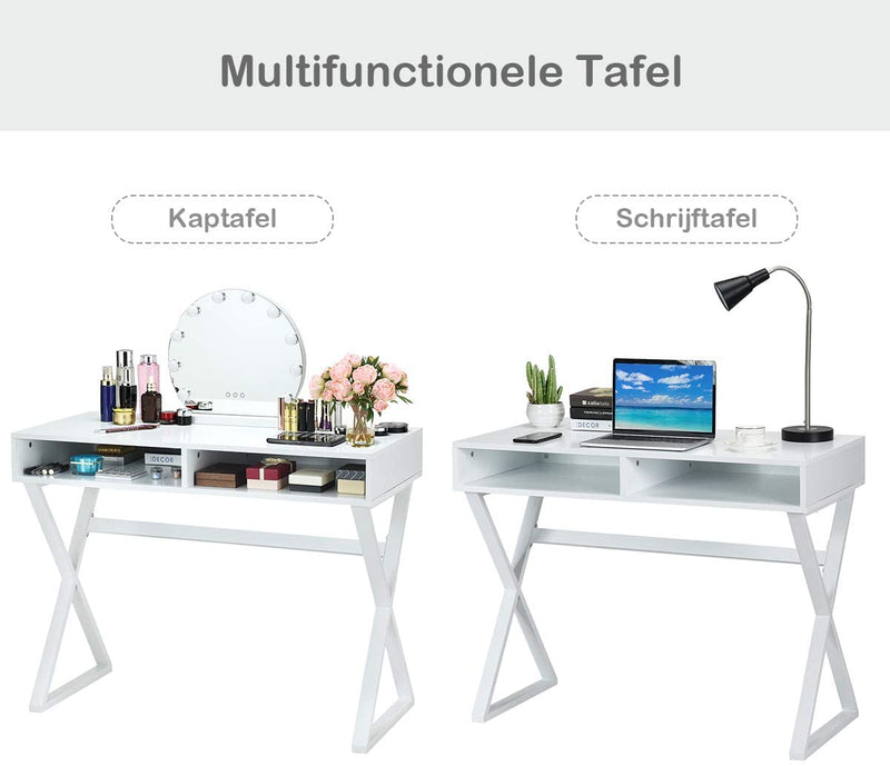 Moderne Schrijfbureau, Multifunctionele Tafel met 2 Laden, MDF Bureaublad en ijzeren tafelpoten, Computer Bureau