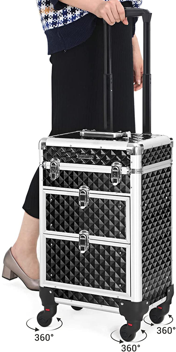 Cosmetic Case Trolley, professionele make-up case, kapperskoffer met 4 uitneembare universele wielen, make-up case, zwart JHZ08BK