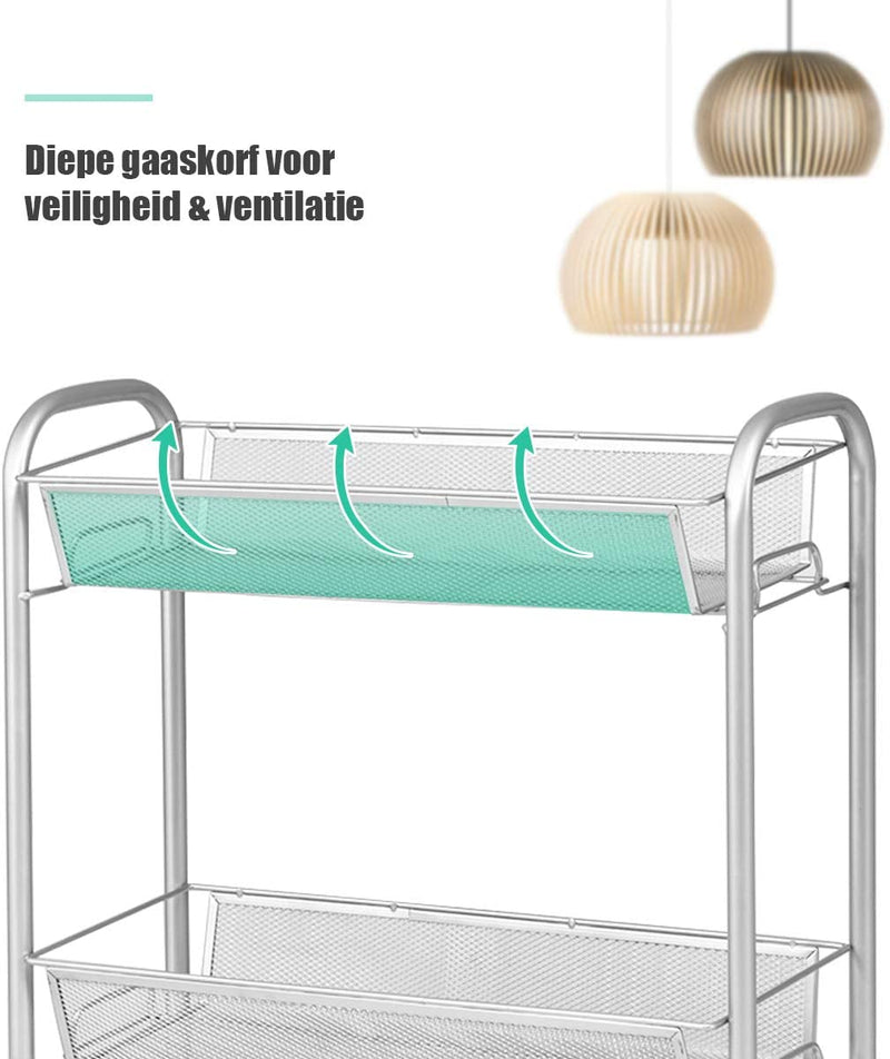 3-laags gaas rollend opslag karretje, metalen rollend karretje met afsluitbare wielen, (Grijs)