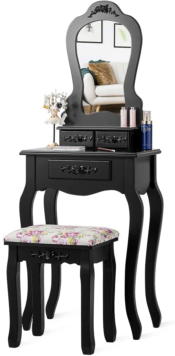 Kaptafel set met waaiervormige spiegel, make-up tafel met kussentje en 3 lades, kaptafel voor cosmetica opslag, 2 in 1 klassiek kaptafel set met afneembare bovendeel, cadeau voor meisjes (Zwart)