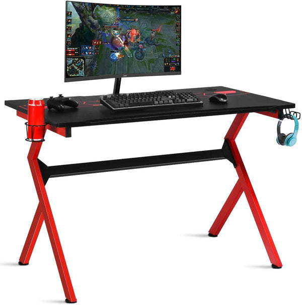 gaming bureau, R-vormige gamingtafel computertafel met bekerhouder, hoofdtelefoon haak,115 x 66 x 77 cm