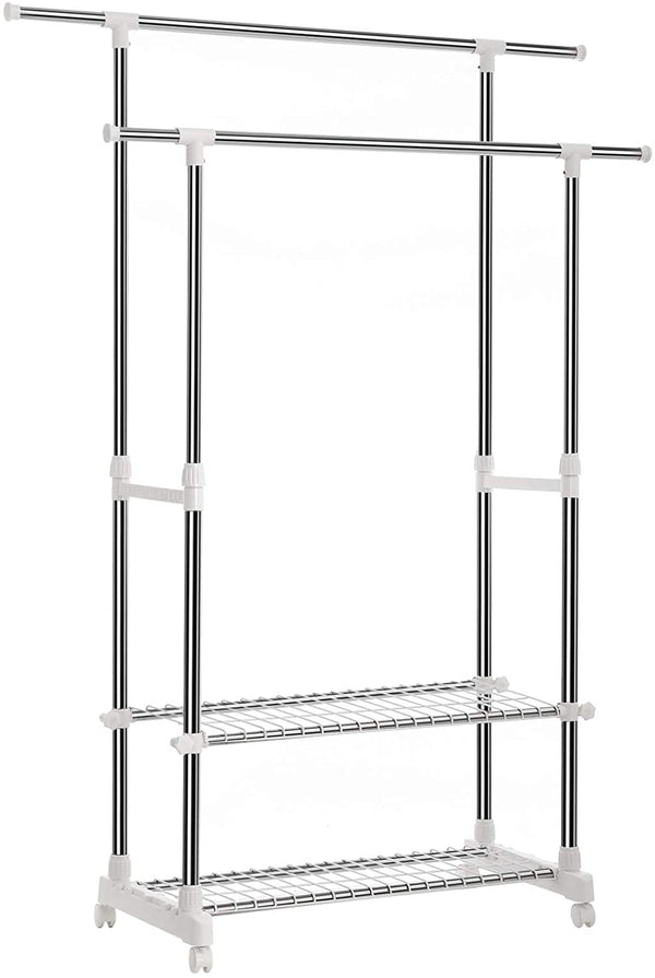 kledingrek met 2 schoenenrekken, verstelbaar van 95 – 172 cm, buizen met rvs-coating, LLR03W